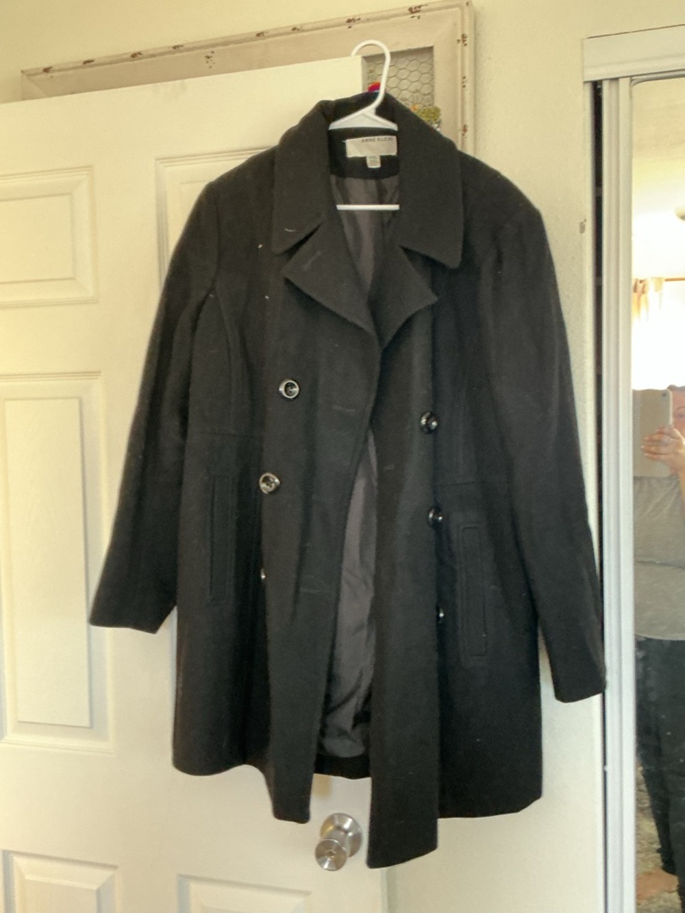Anne Klein Black Double-Breasted Wool-Blend Pea Coat